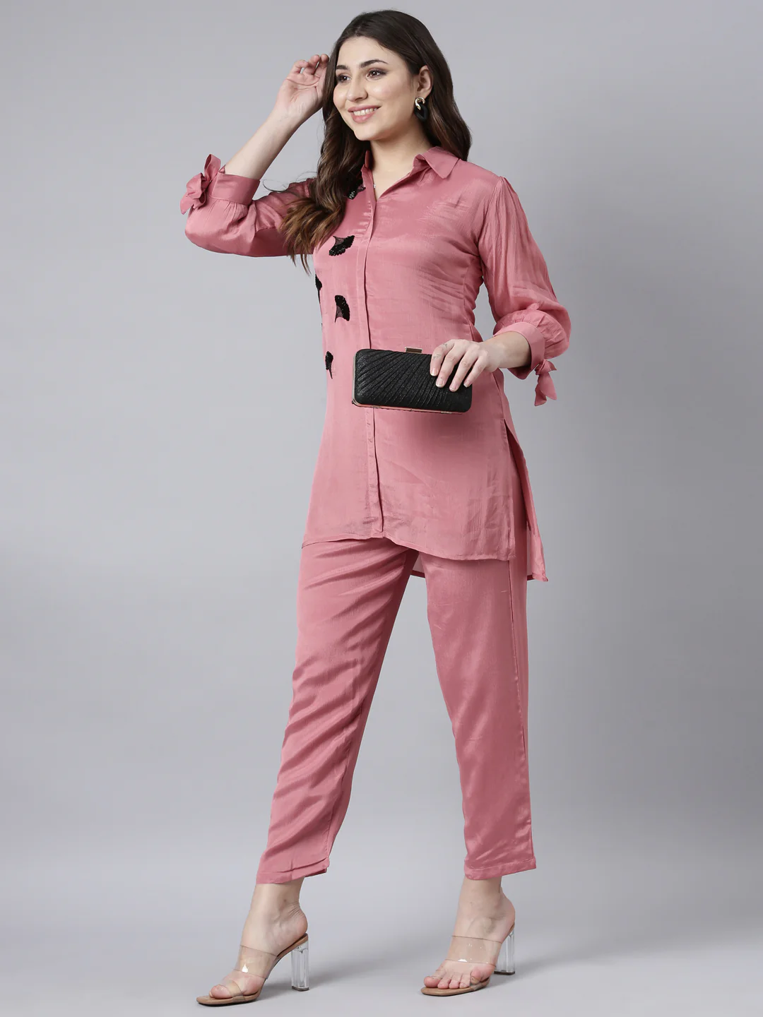 Neerus Pink Regular Straight Solid Top And Trousers - Image 5