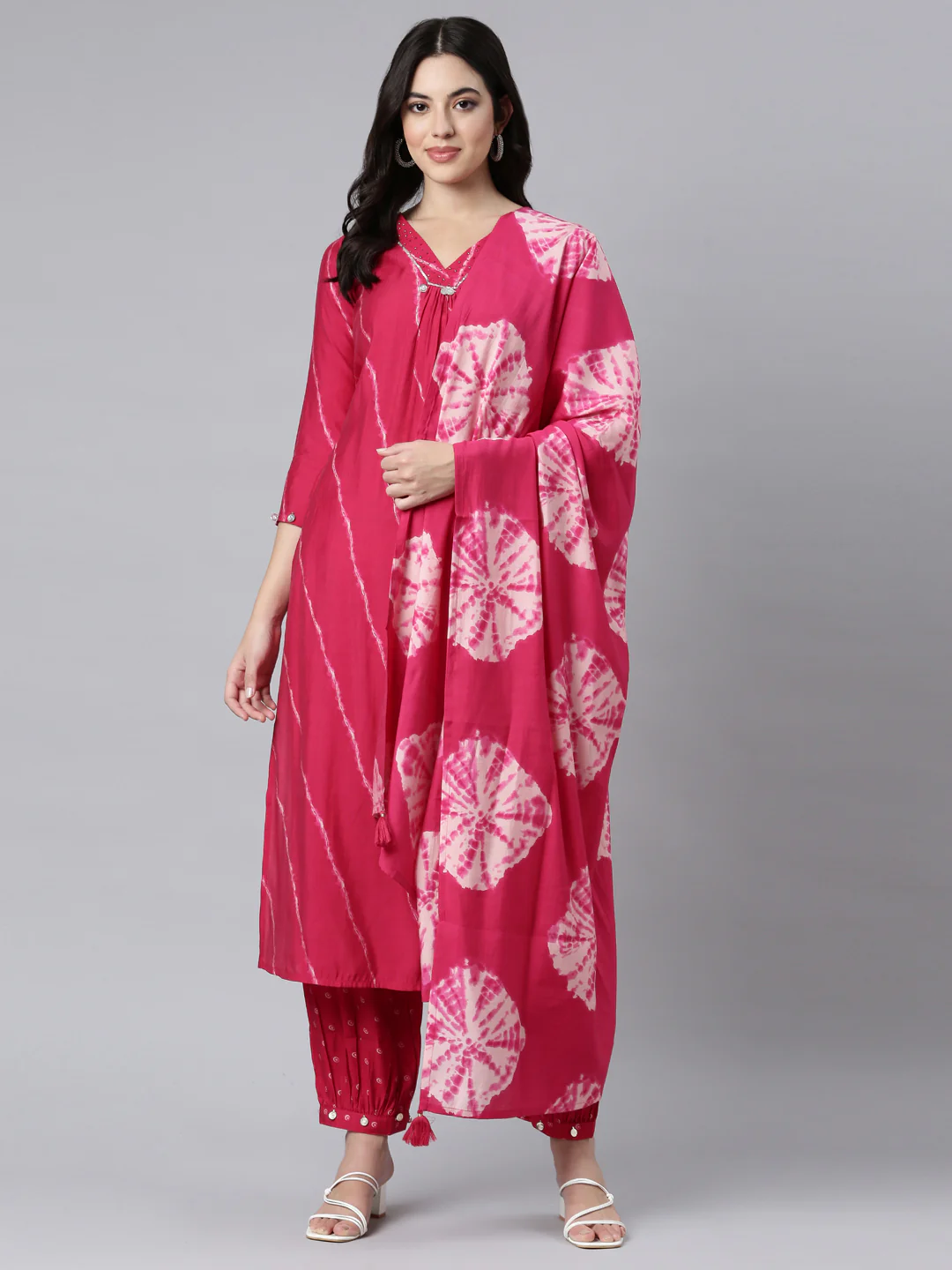 Neerus Pink Regular Straight Striped Kurta And Salwar With Dupatta - Image 5