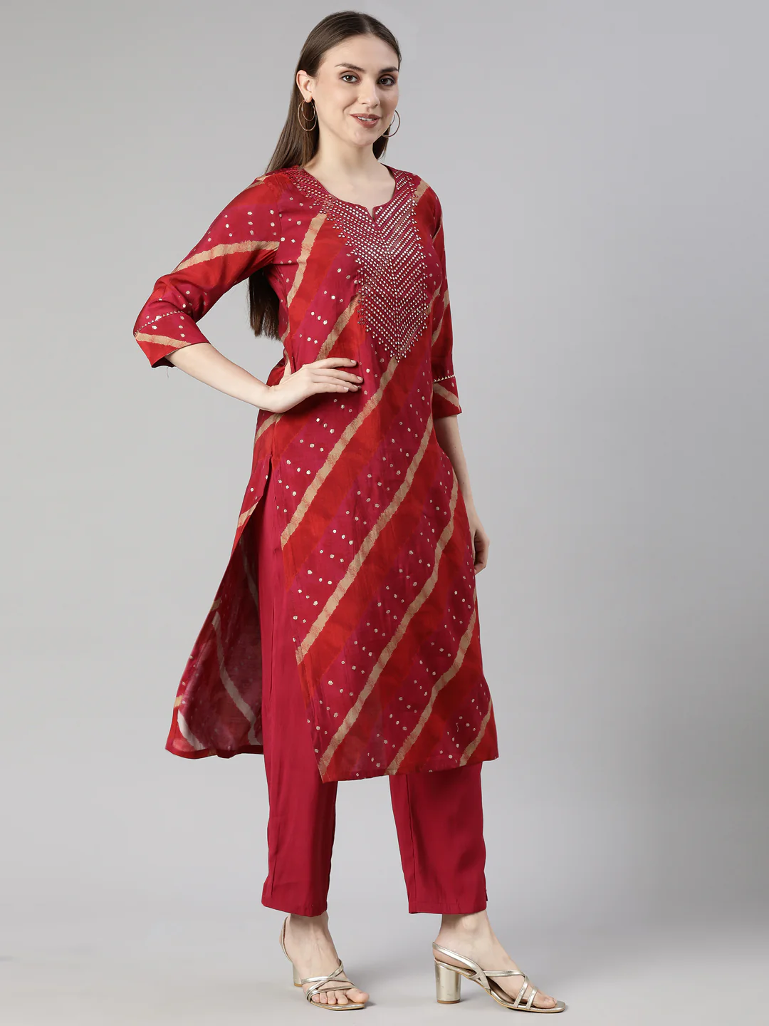 Neerus Pink Regular Straight Striped Kurta And Trousers - Image 2