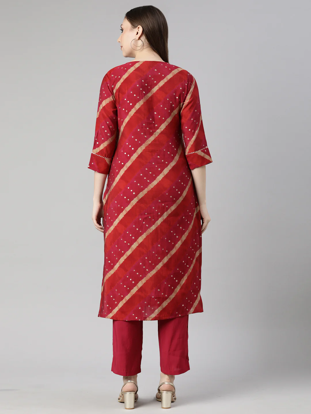 Neerus Pink Regular Straight Striped Kurta And Trousers - Image 3