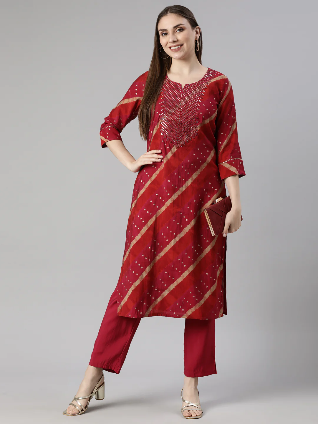 Neerus Pink Regular Straight Striped Kurta And Trousers - Image 5