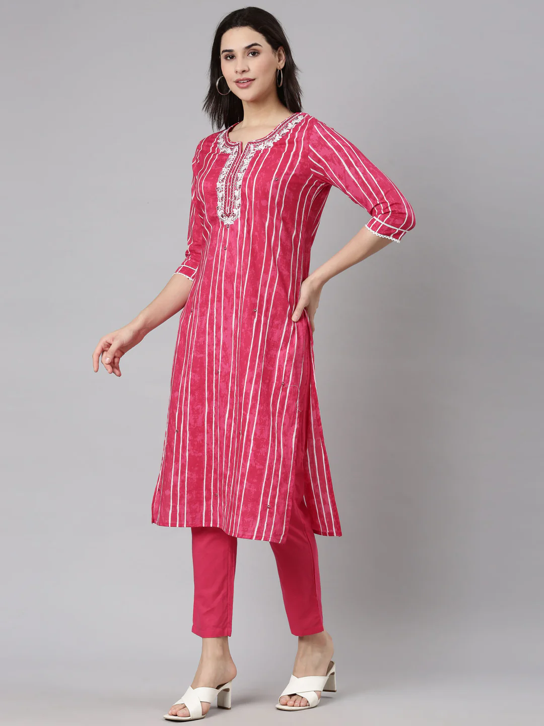 Neerus Pink Regular Straight Striped Kurta And Trousers With Dupatta - Image 2