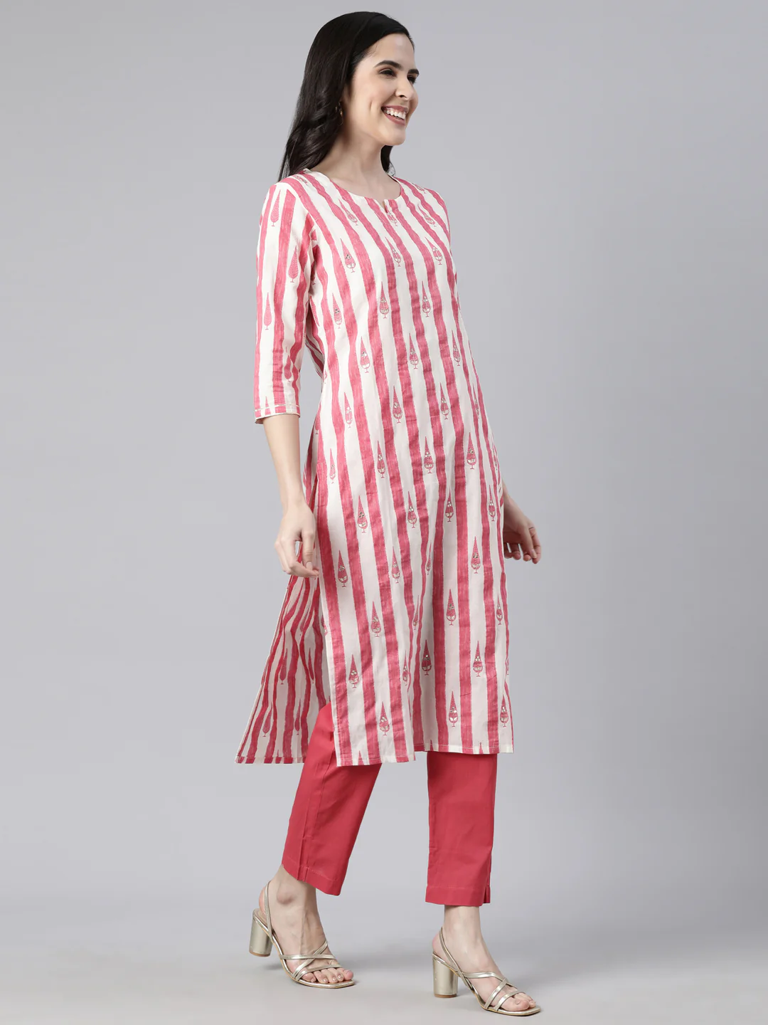 Neerus Pink Regular Straight Striped Kurta And  Trousers With Dupatta - Image 2