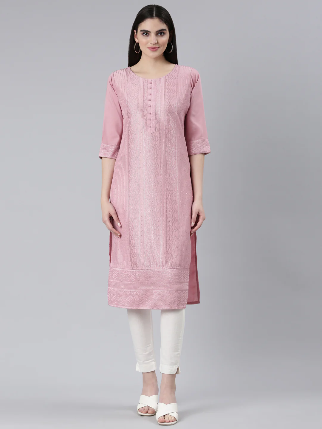 Neerus Pink Regular Straight Woven Design Kurta