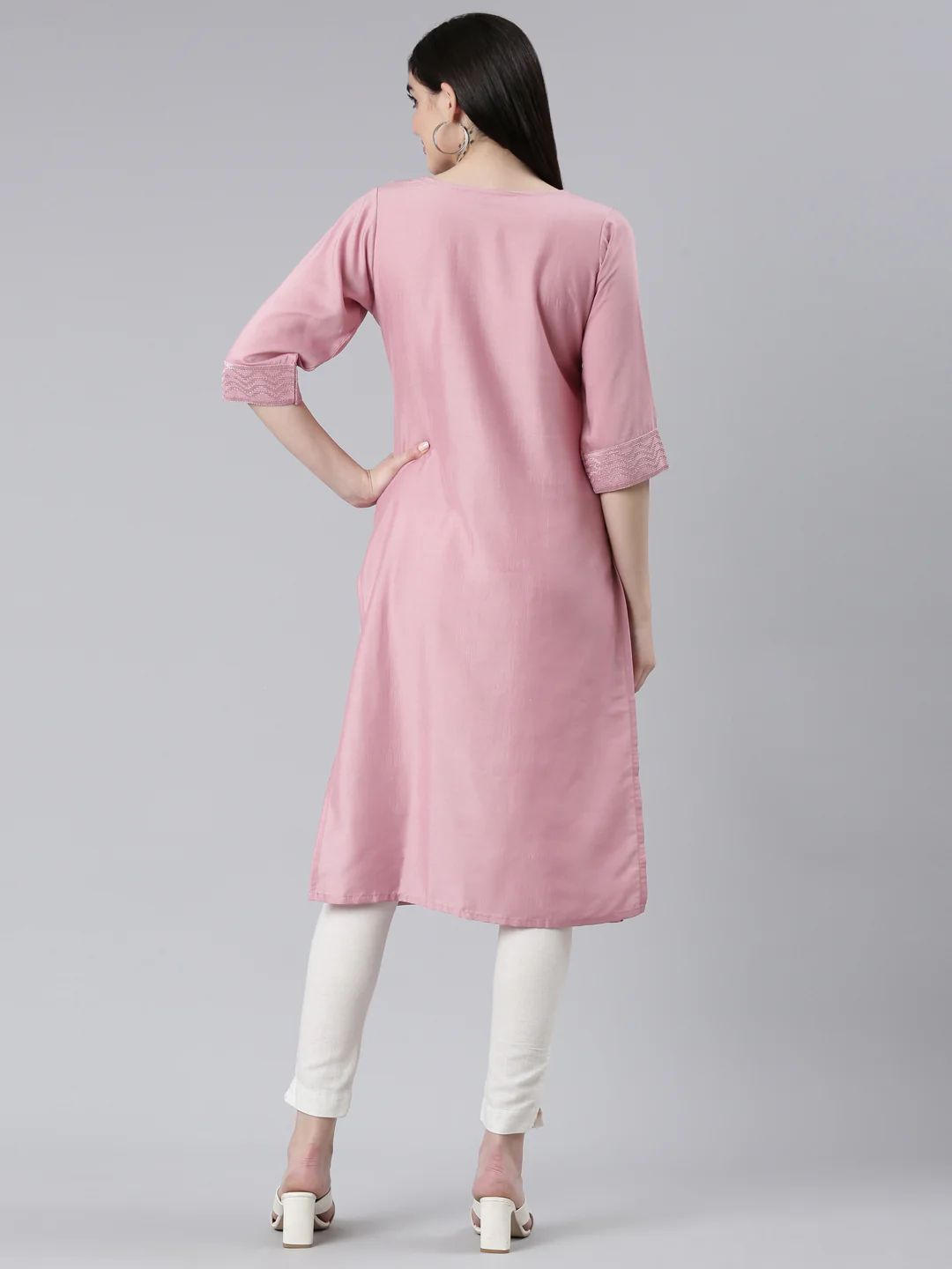 Neerus Pink Regular Straight Woven Design Kurta - Image 3
