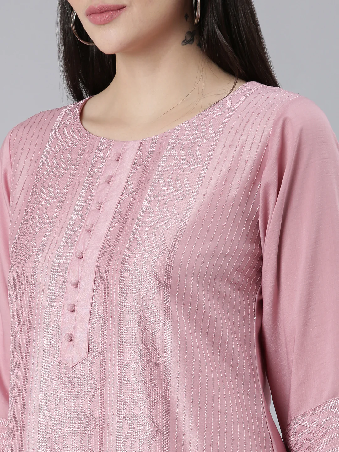 Neerus Pink Regular Straight Woven Design Kurta - Image 4