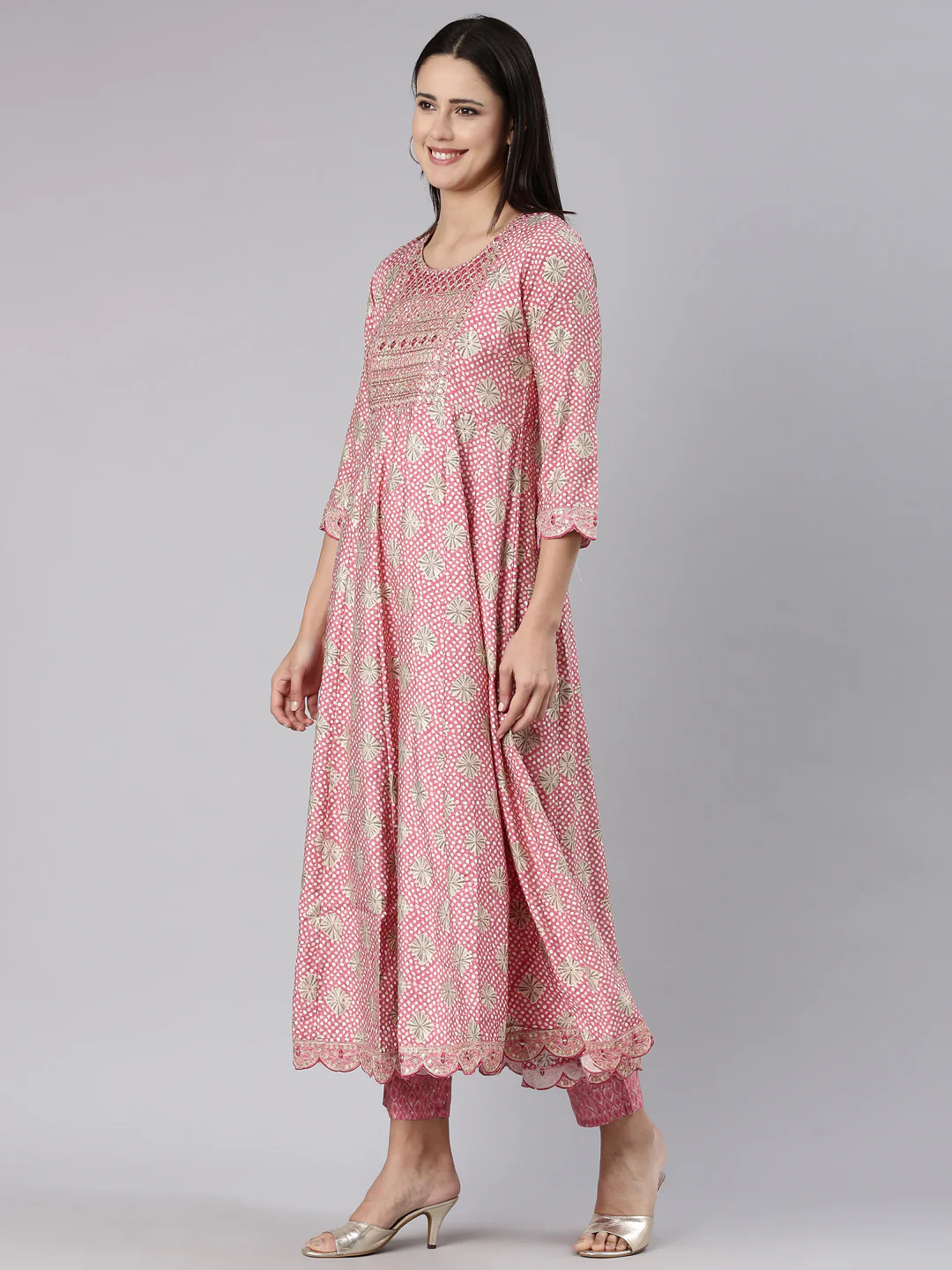 Neerus Pink Regular Straight Yoke Design Kurta And Trousers With Dupatta - Image 2