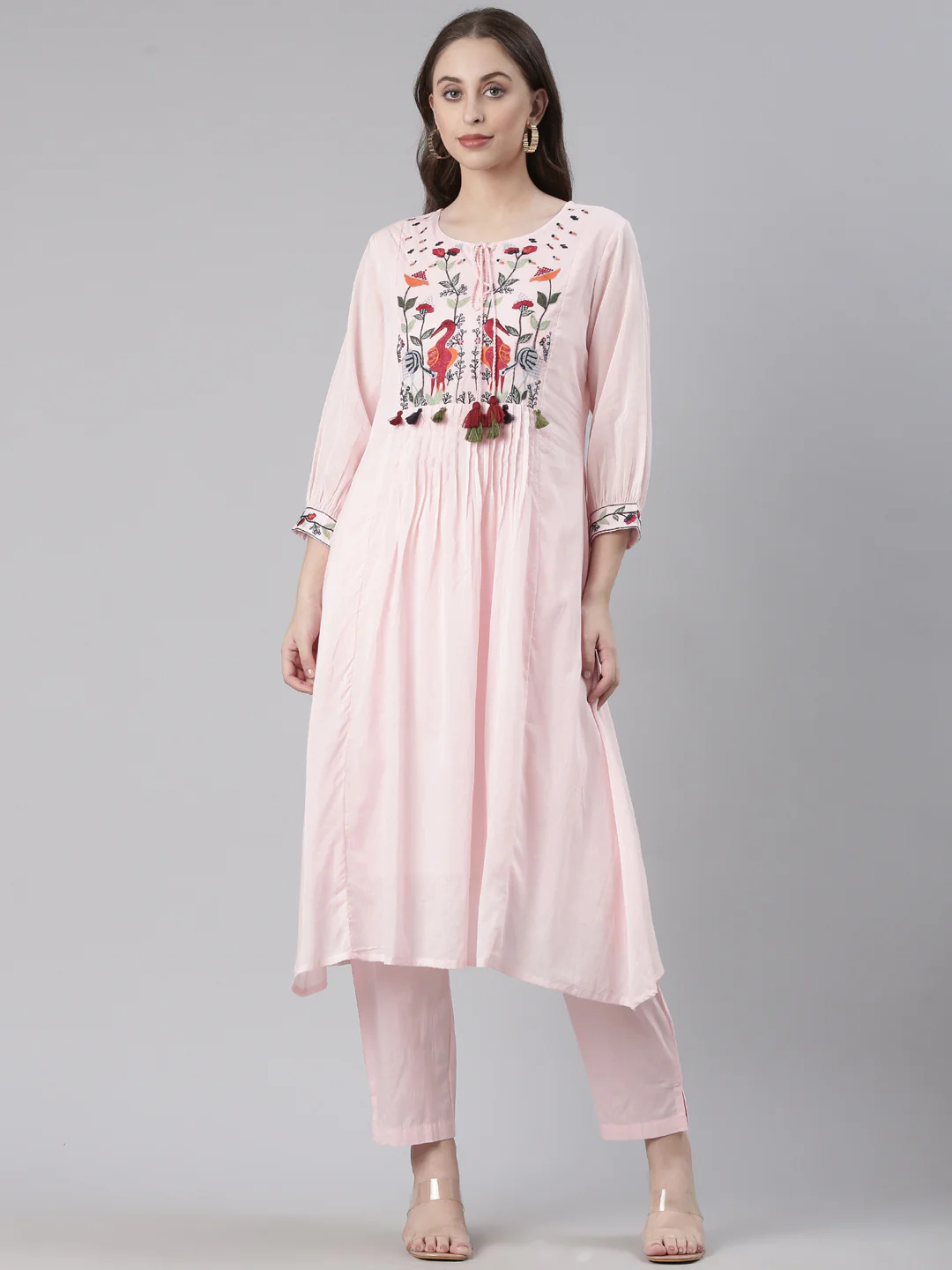 Neerus Pink Solid Straight Kurta and Trousers