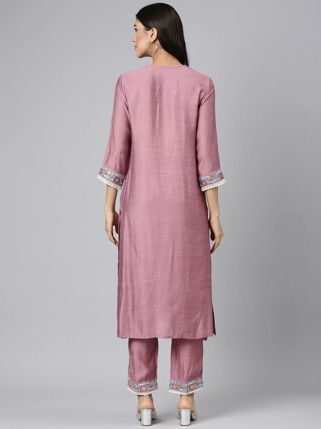 Neerus Pink Solid Straight Kurta and Trousers - Image 3