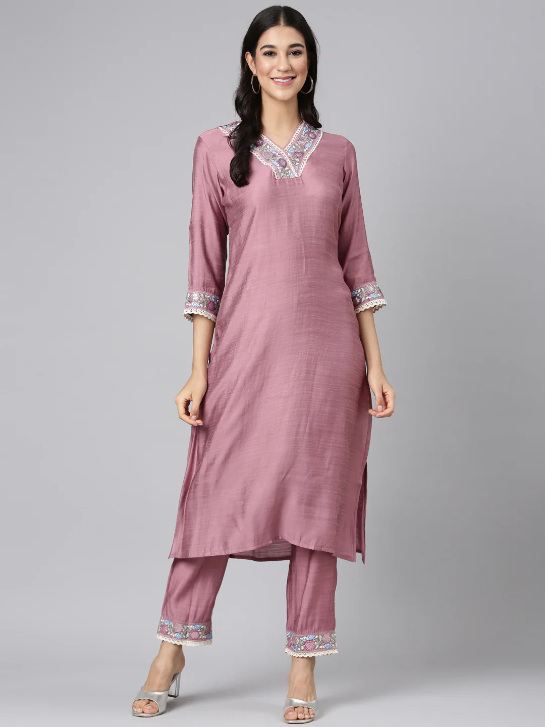 Neerus Pink Solid Straight Kurta and Trousers - Image 5