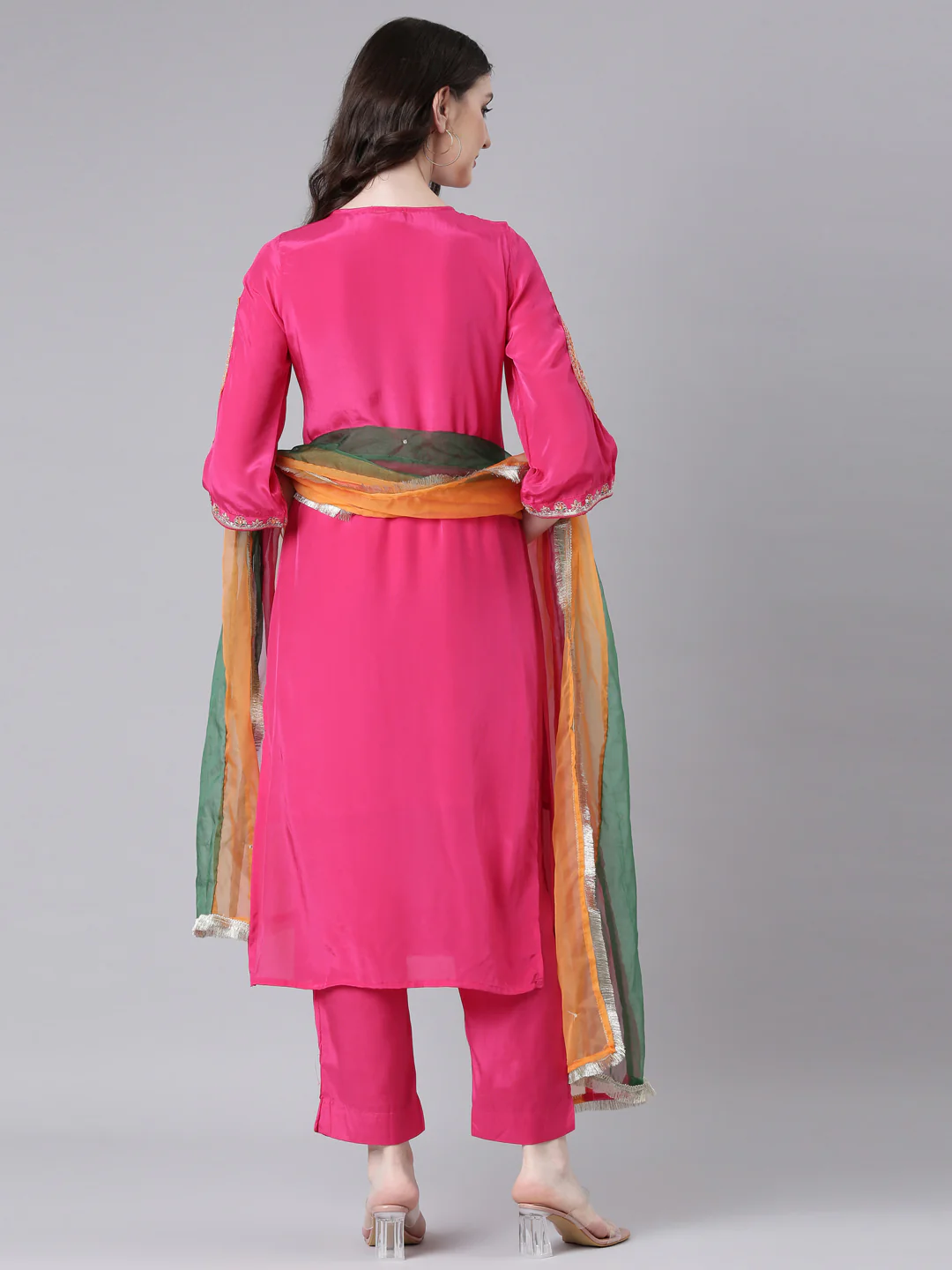 Neerus Pink Solid Straight Kurta and Trousers With Dupatta - Image 3
