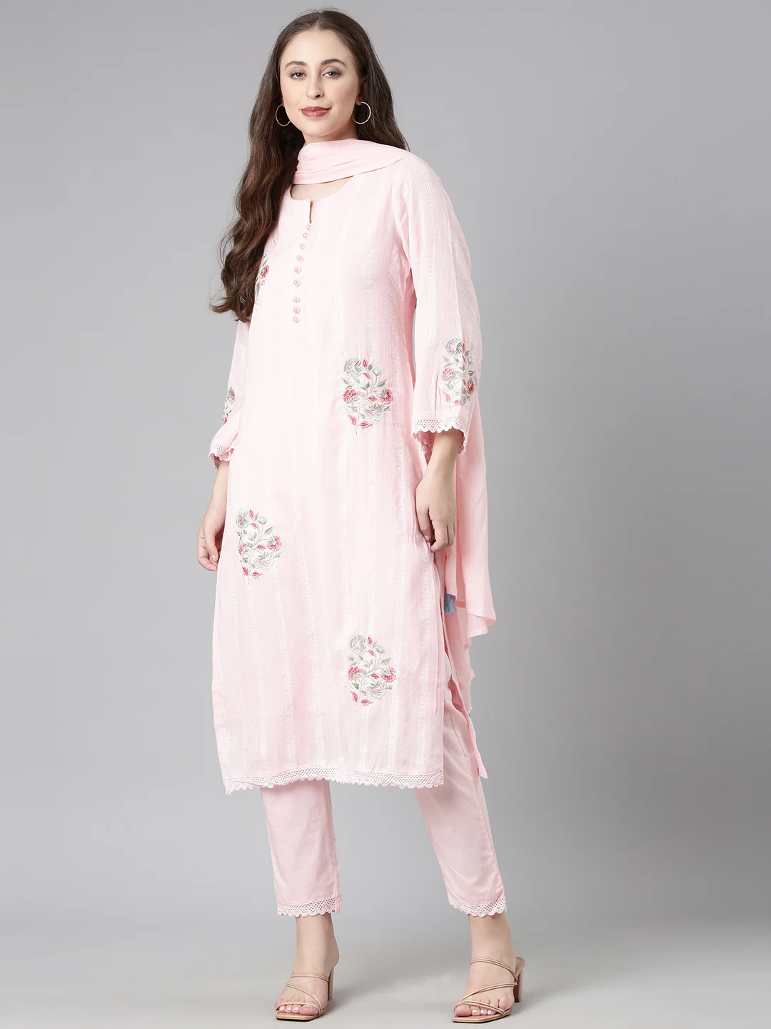 Neerus Pink Solid Straight Kurta and Trousers With Dupatta - Image 5