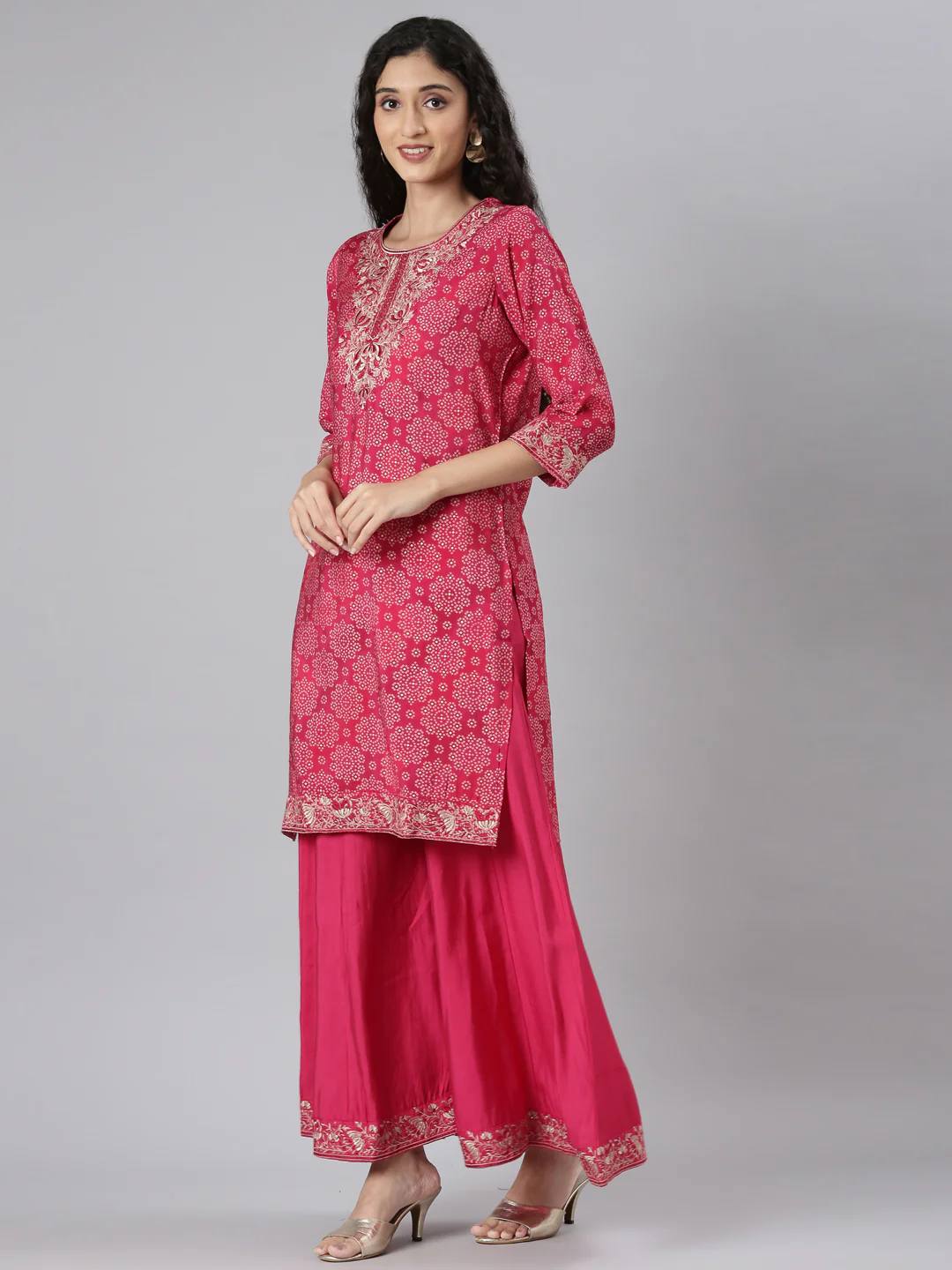 Neerus Pink Straight Casual Bandhani Kurta and plazzo with Dupatta - Image 2