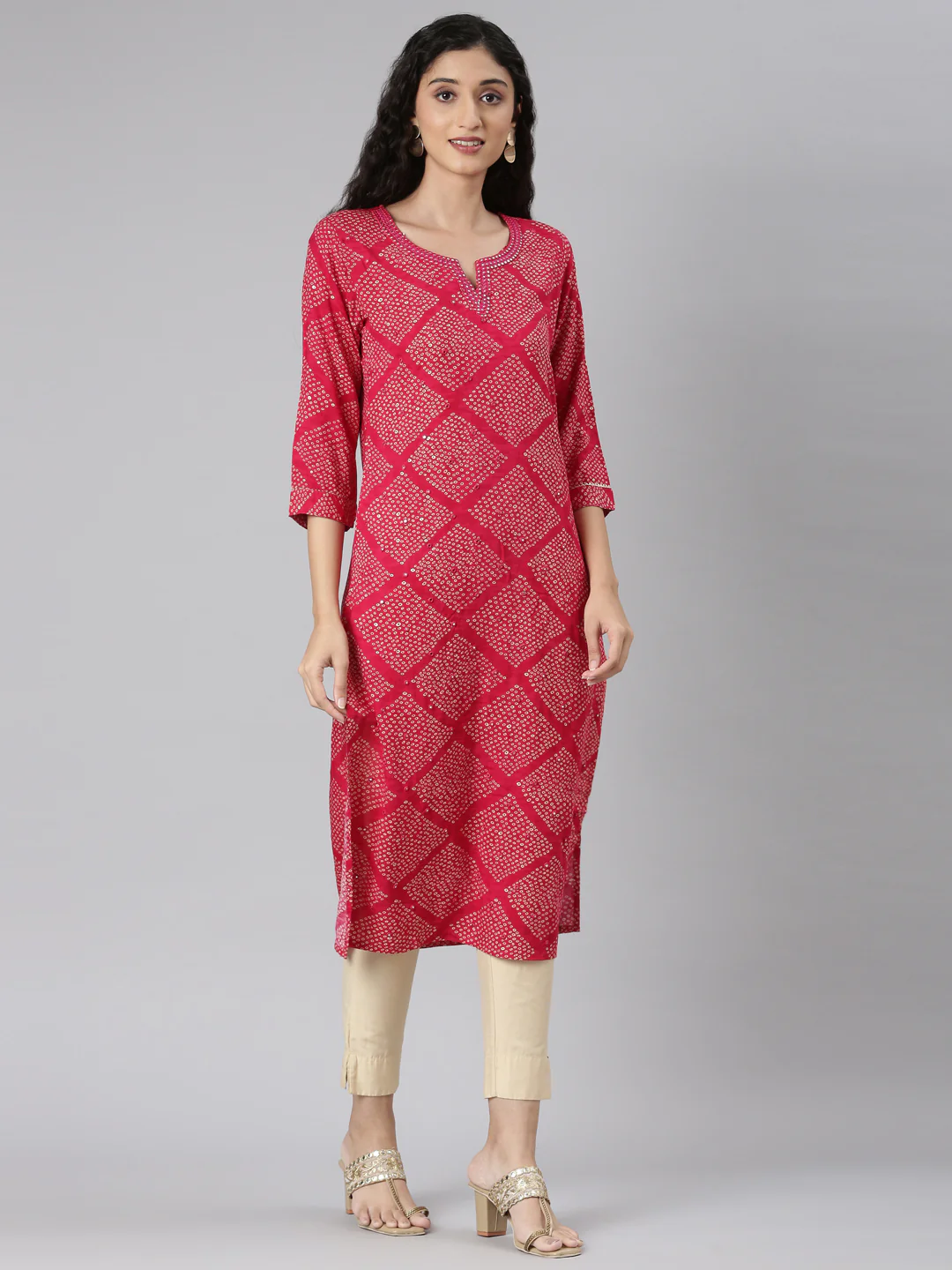 Neerus Pink Straight Casual Bandhani Straight Kurta - Image 3