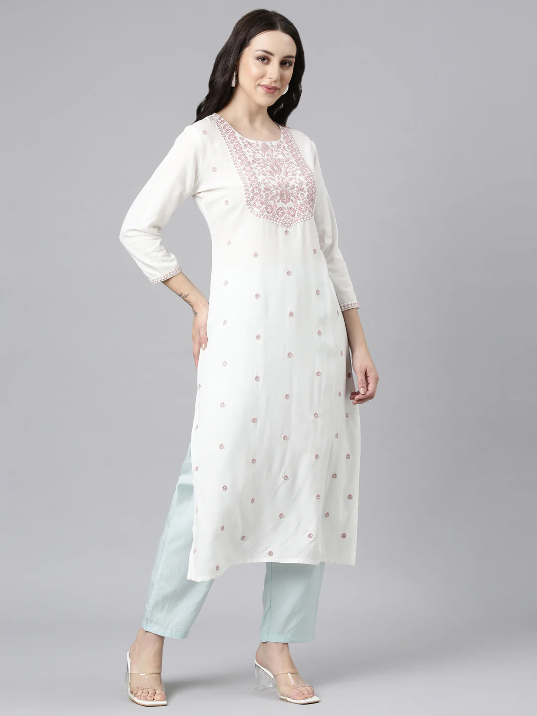 Neerus Pink Straight Casual Embellished Kurta - Image 5