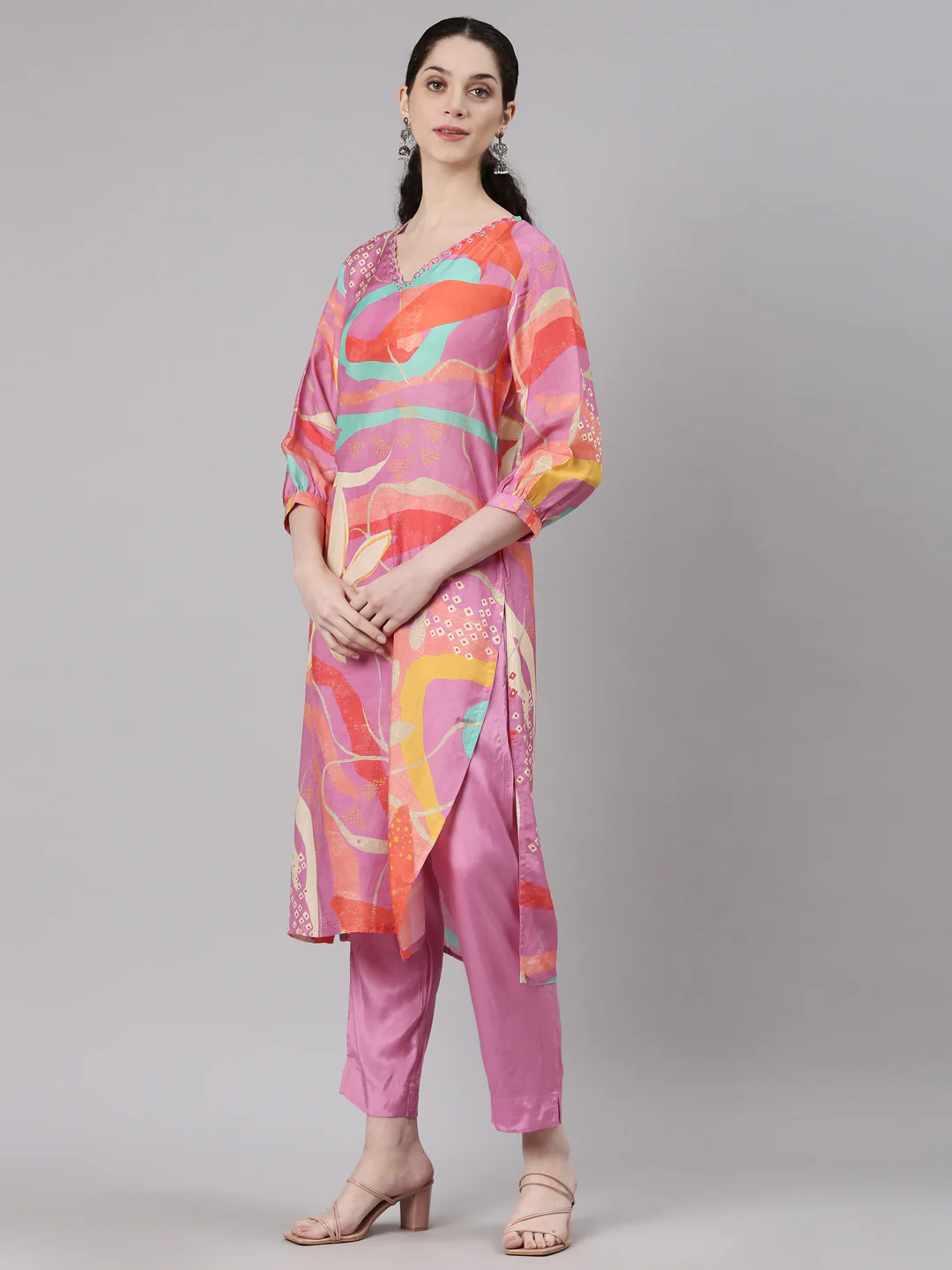 Neerus Pink Straight Casual Floral Kurta and Trouser - Image 2