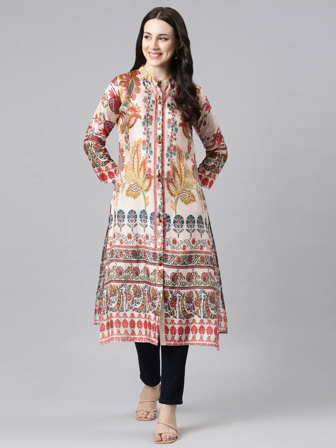 Neerus Pink Straight Casual Floral Kurta - Image 5