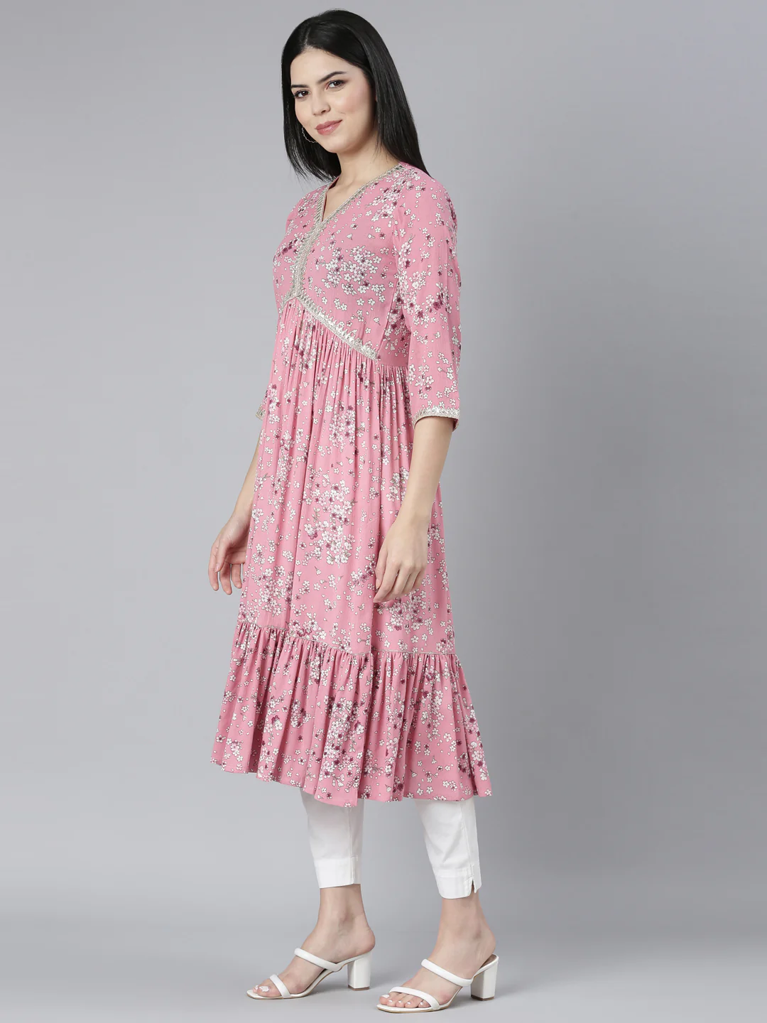 Neerus Pink Straight Casual Floral Maxi Dresses - Image 2
