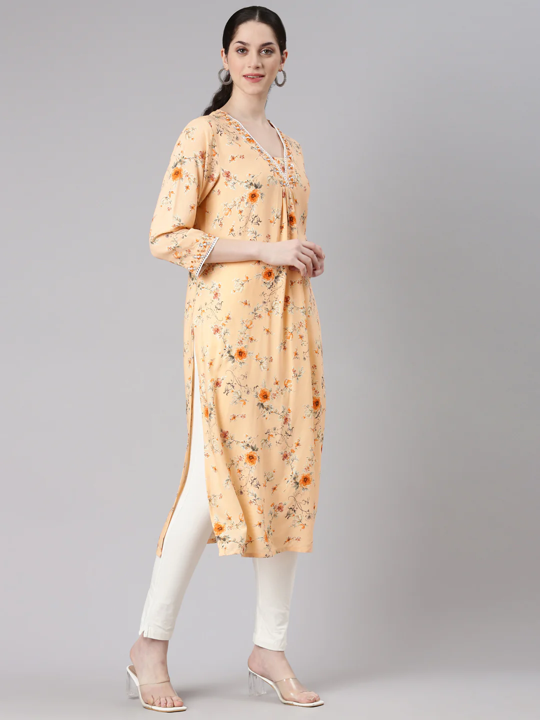 Neerus Pink Straight Casual Floral Panelled Kurta - Image 2