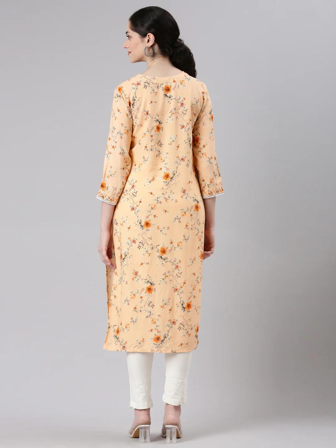 Neerus Pink Straight Casual Floral Panelled Kurta - Image 3