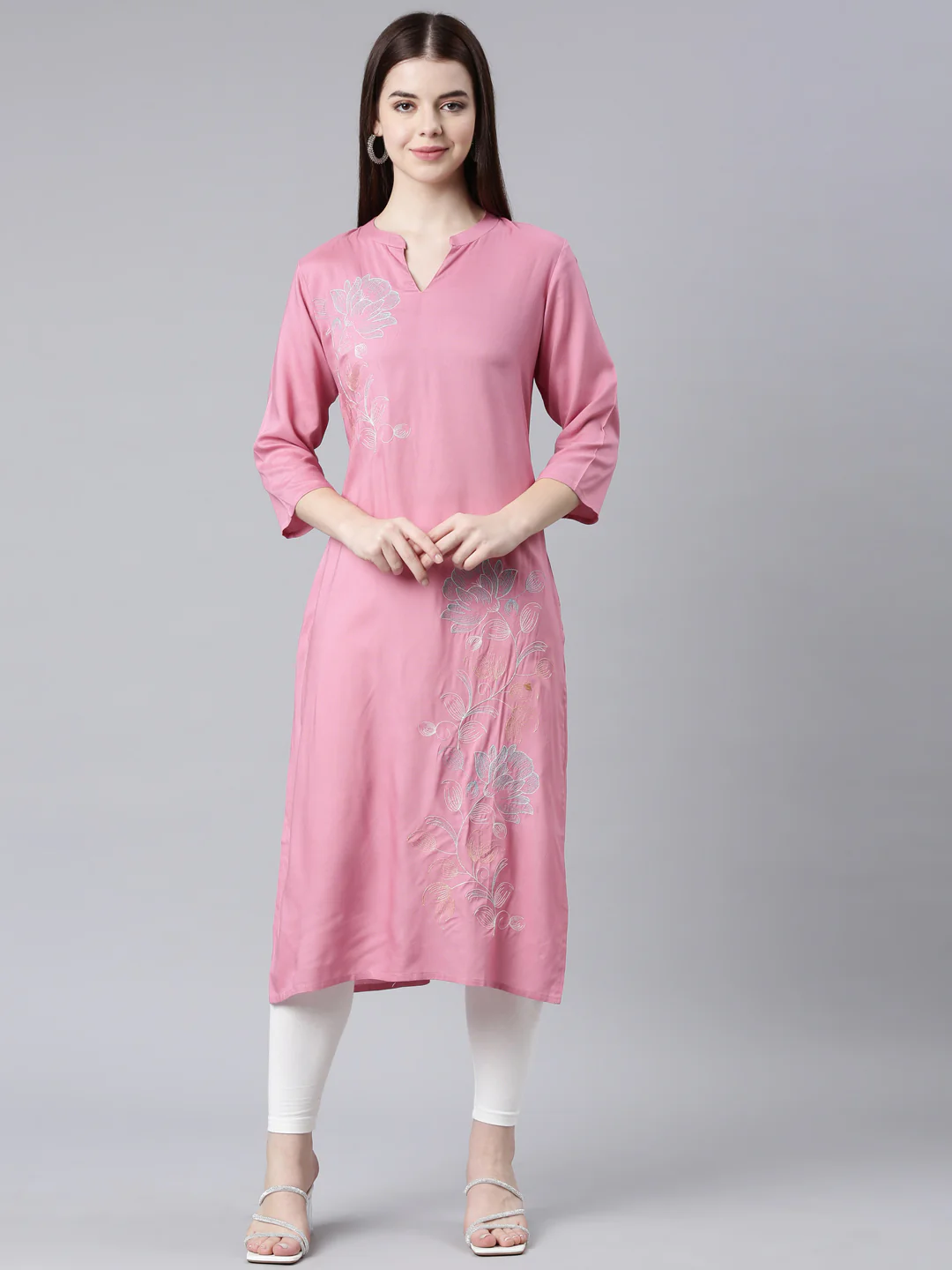 Neerus Pink Straight Casual Floral Straight Kurta