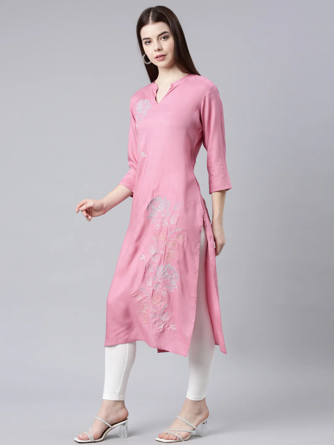 Neerus Pink Straight Casual Floral Straight Kurta - Image 3
