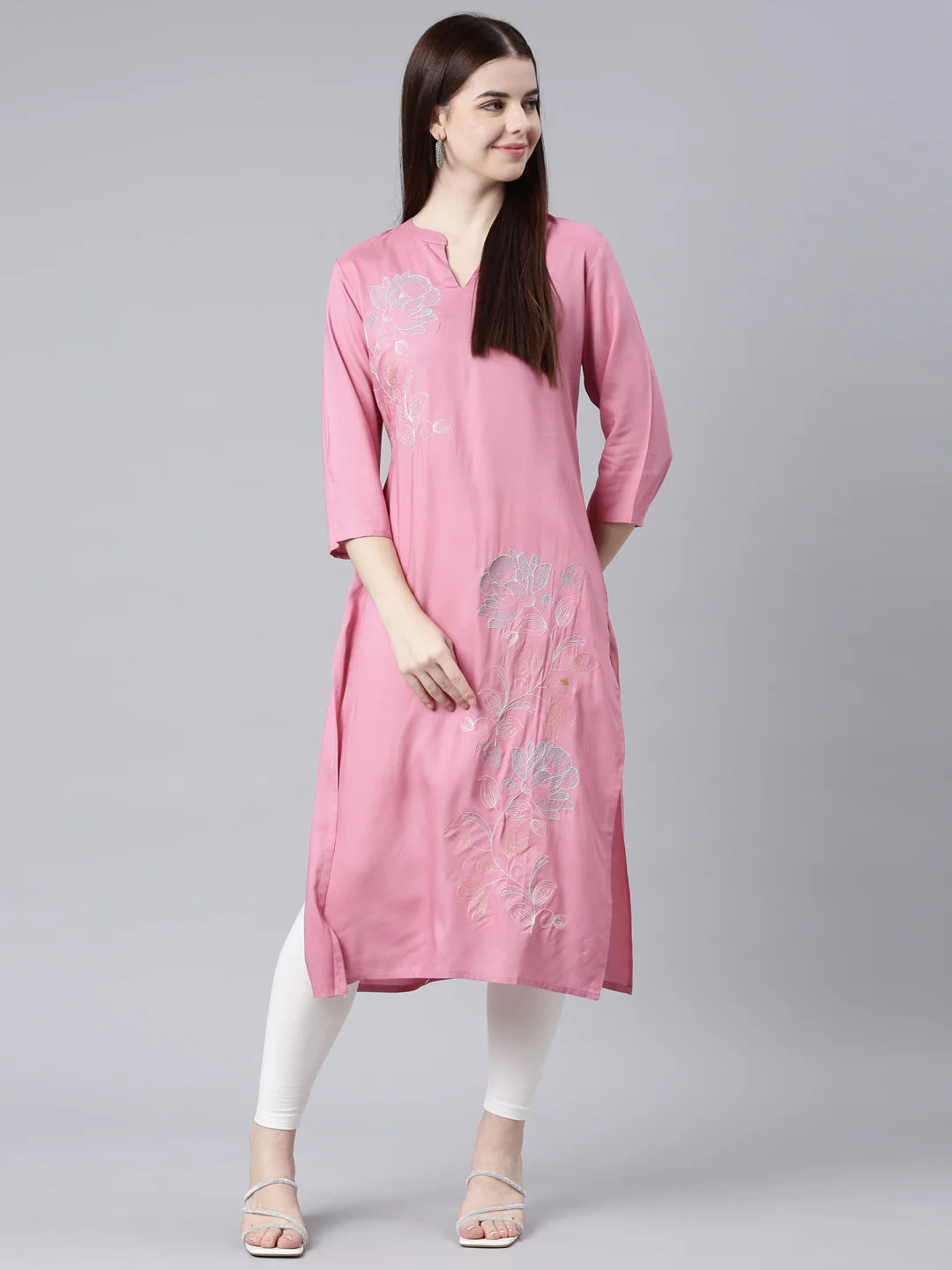 Neerus Pink Straight Casual Floral Straight Kurta - Image 6