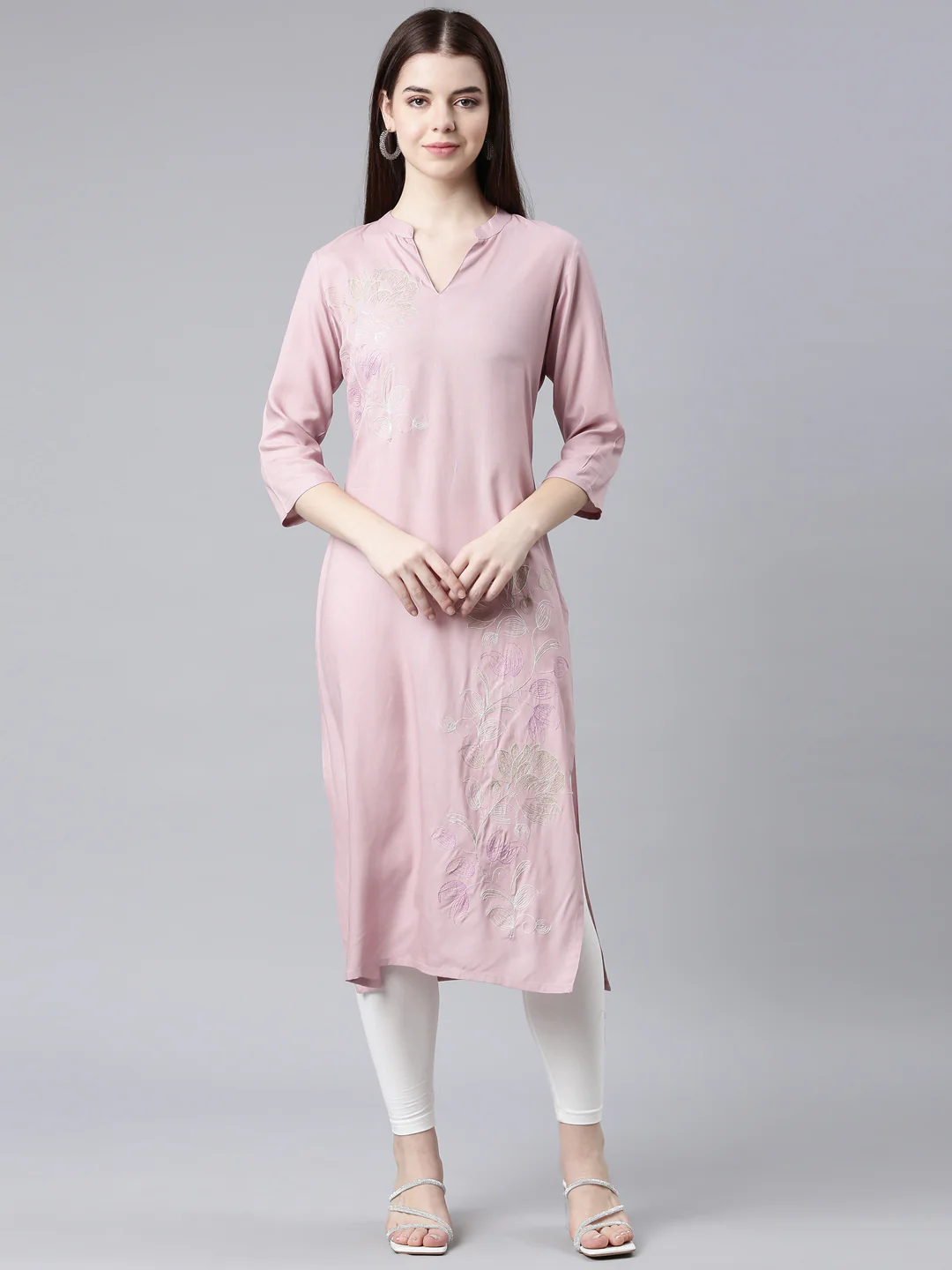 Neerus Pink Straight Casual Floral Straight Kurta