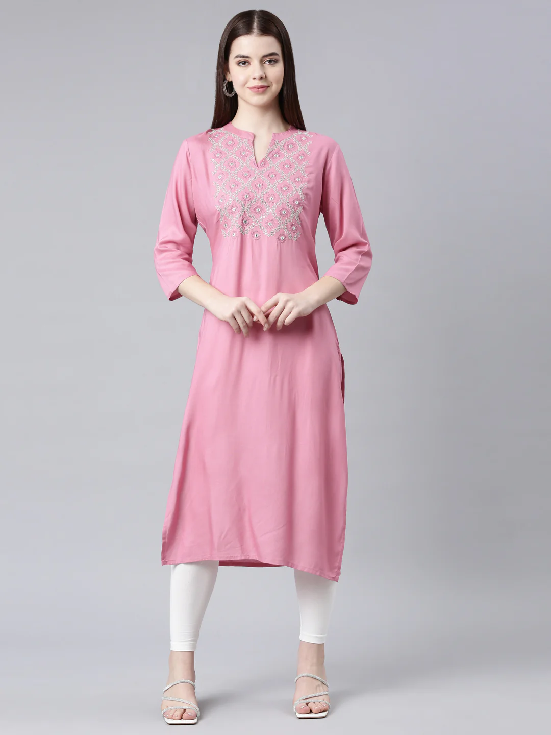 Neerus Pink Straight Casual Floral Straight Kurta