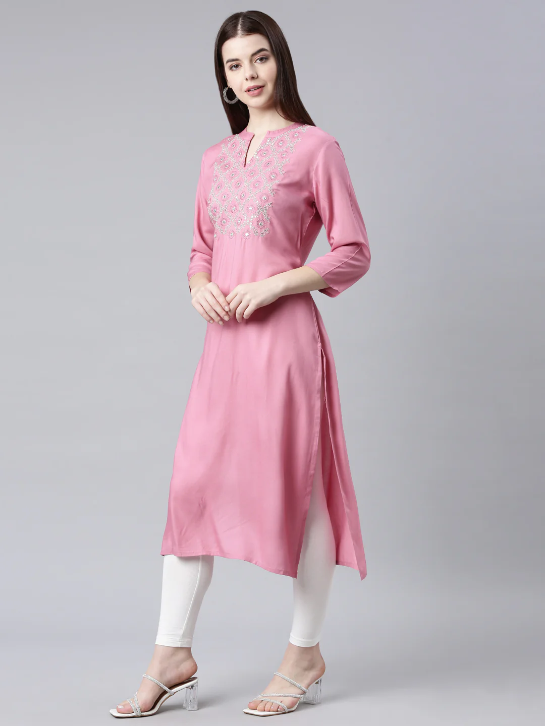 Neerus Pink Straight Casual Floral Straight Kurta - Image 2