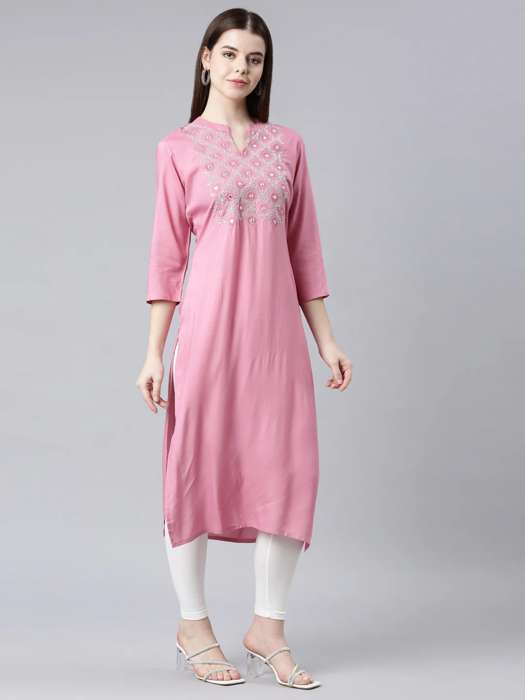 Neerus Pink Straight Casual Floral Straight Kurta - Image 3