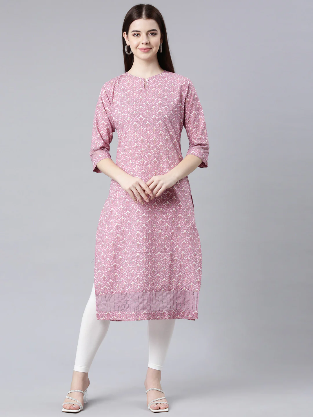 Neerus Pink Straight Casual Floral Straight Kurta