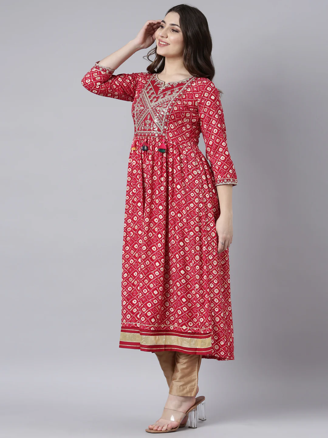 Neerus Pink Straight Casual Polka Dots Maxi Dresses - Image 2