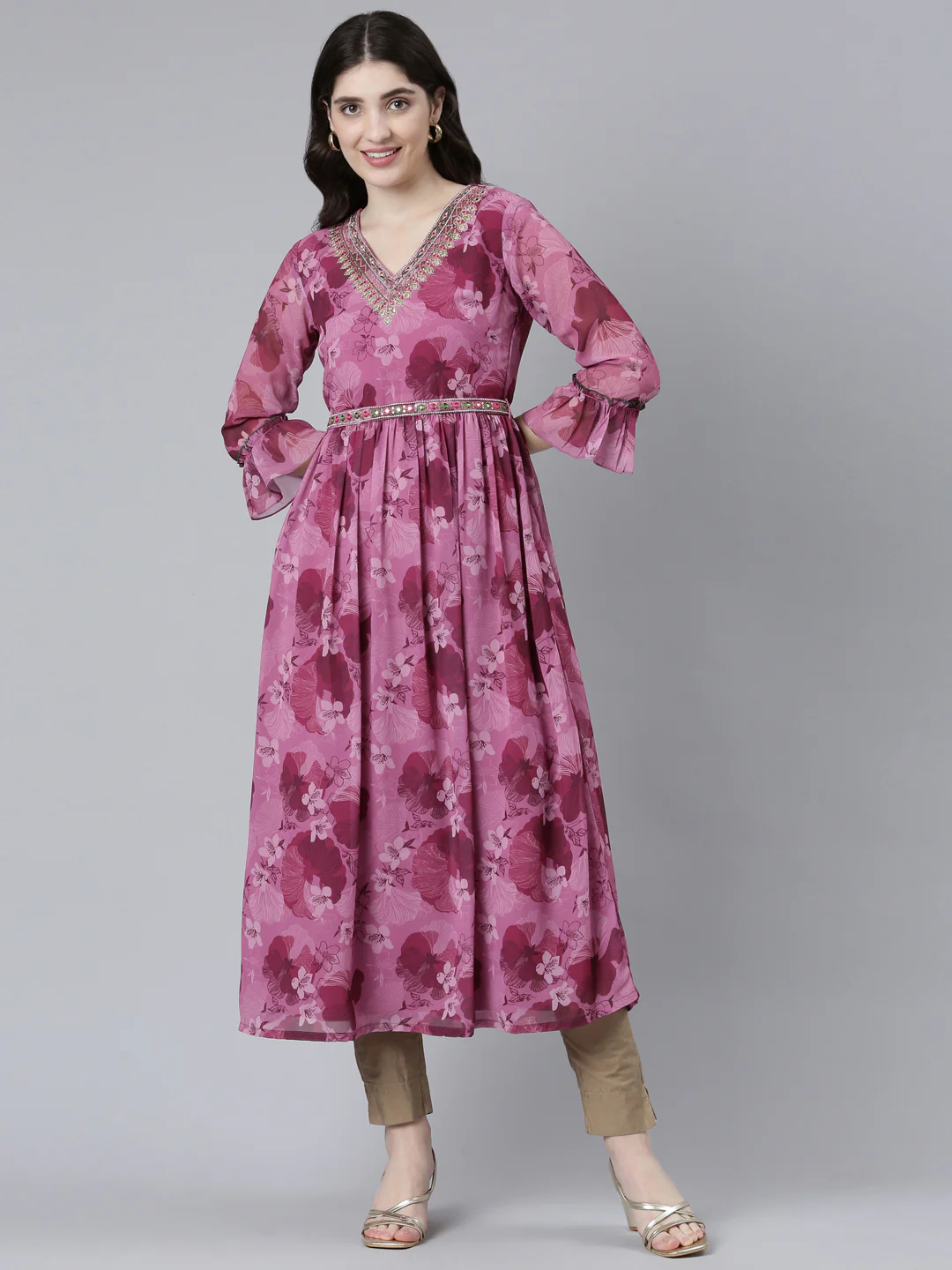 Neerus Pink Straight Casual Printed Dress - Image 5