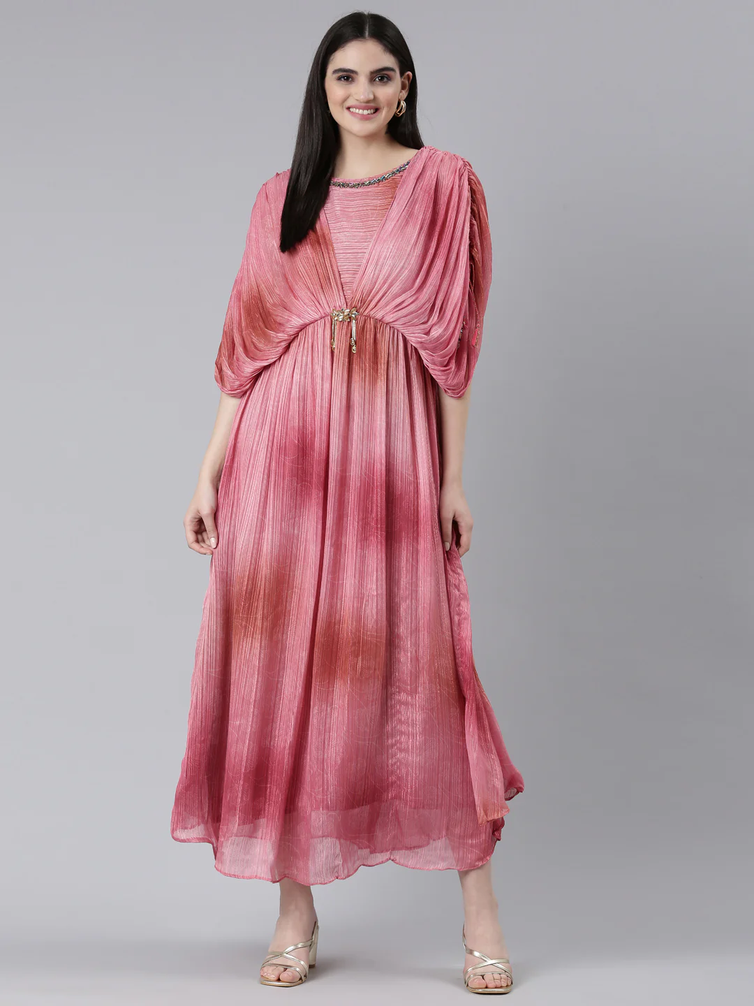 Neerus Pink Straight Casual Printed Dress - Image 5