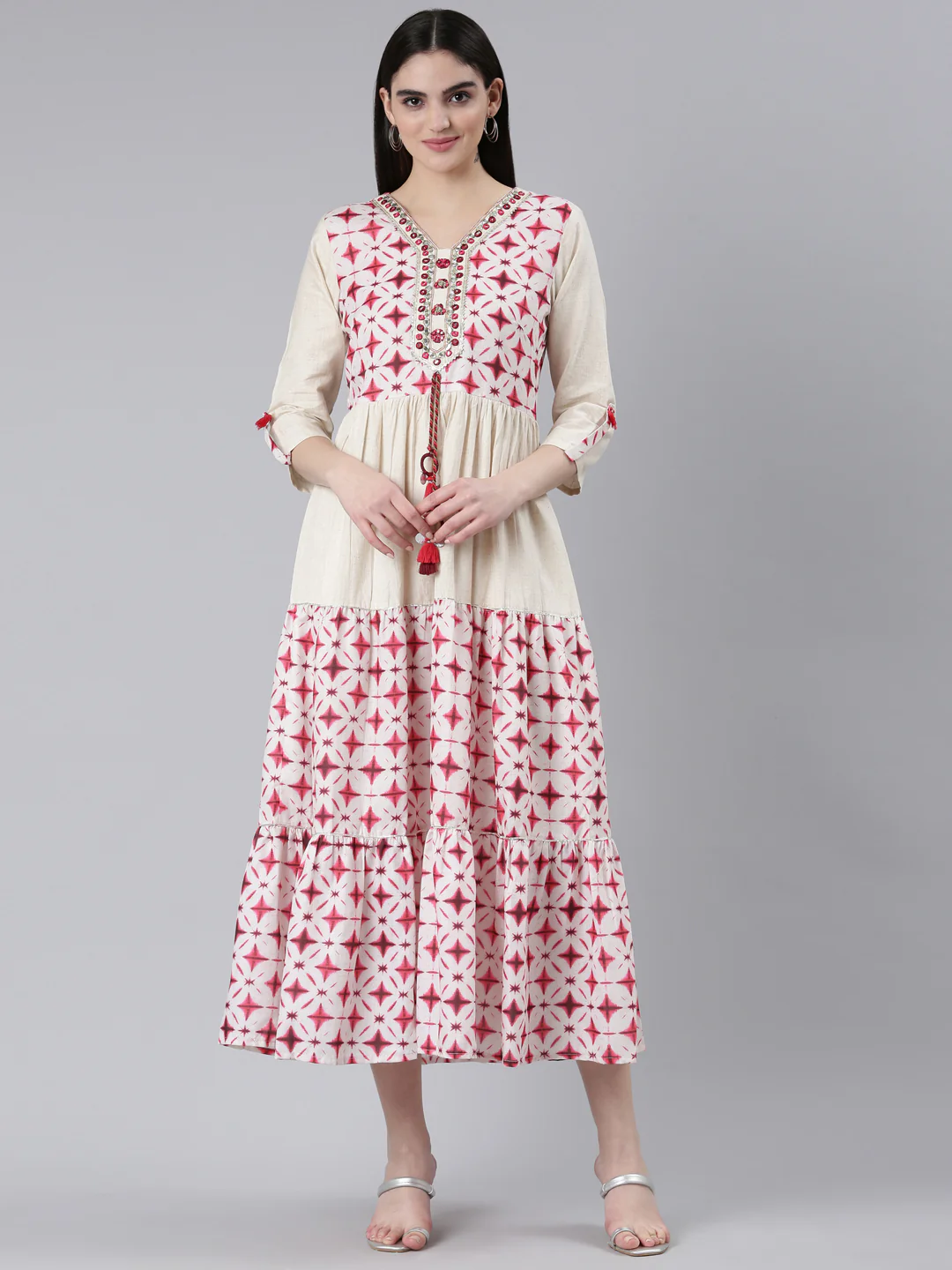 Neerus Pink Straight Casual Printed Dress