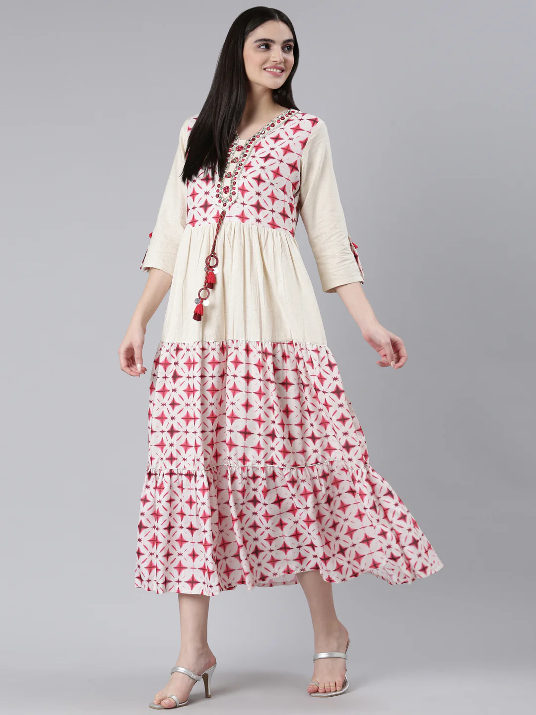 Neerus Pink Straight Casual Printed Dress - Image 5