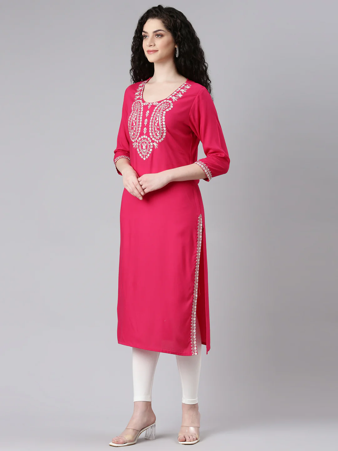 Neerus Pink Straight Casual Solid Kurta - Image 2