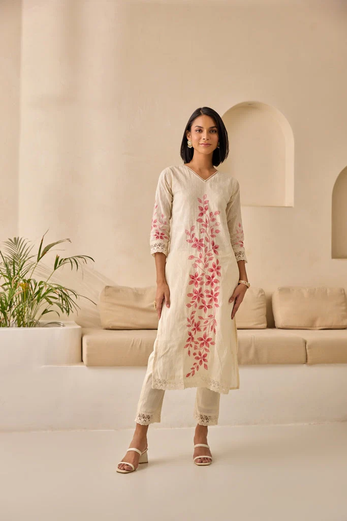 Neerus Pink Straight Embellished Kurta And Trousers With Dupatta. - Image 5