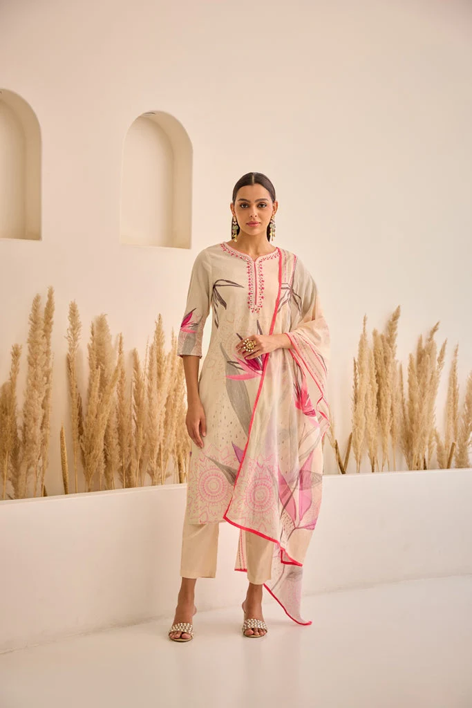 Neerus Pink Straight Floral Kurta And Trousers With Dupatta