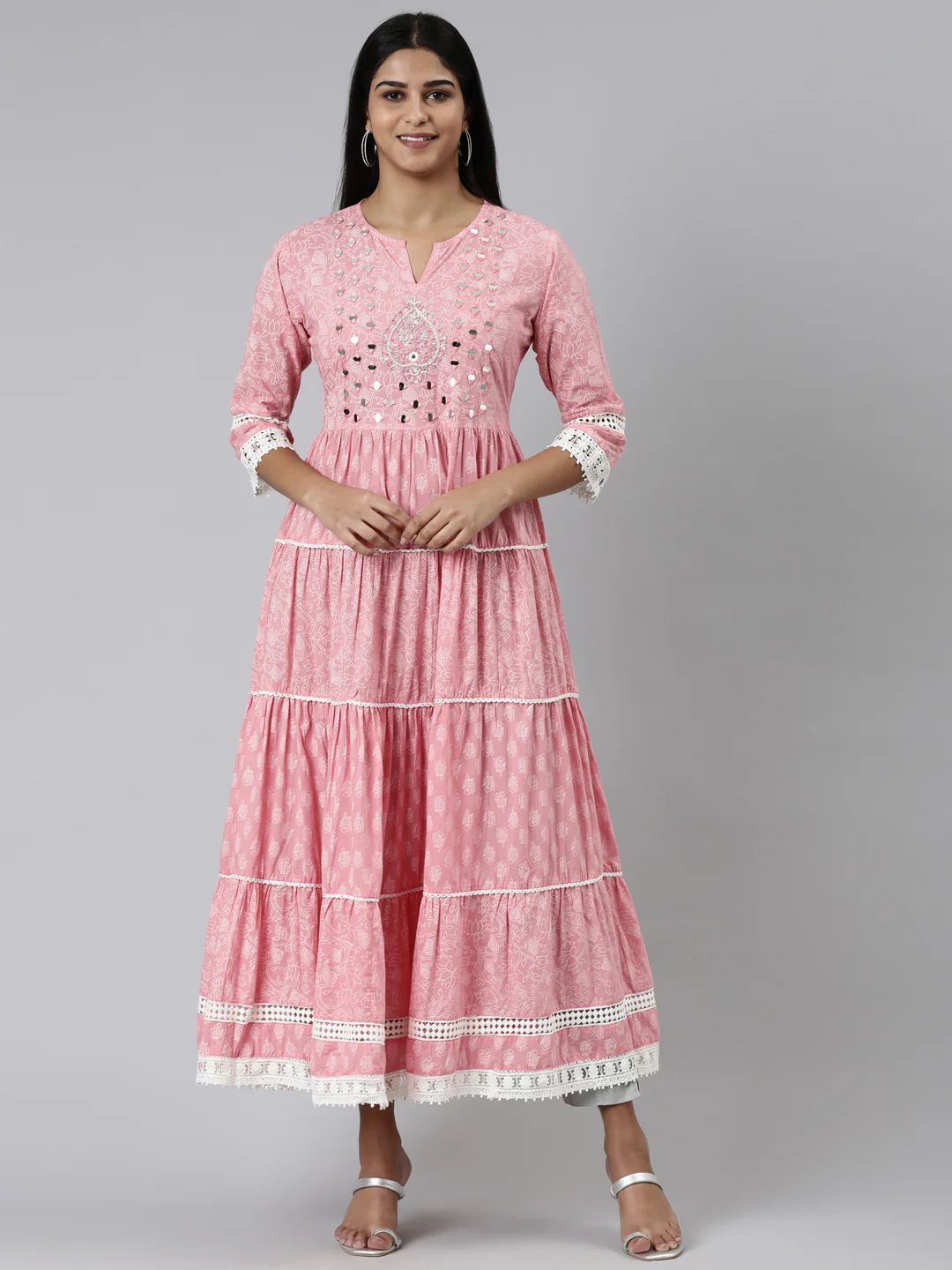 Neerus Pink Straight Printed Cotton Kurta