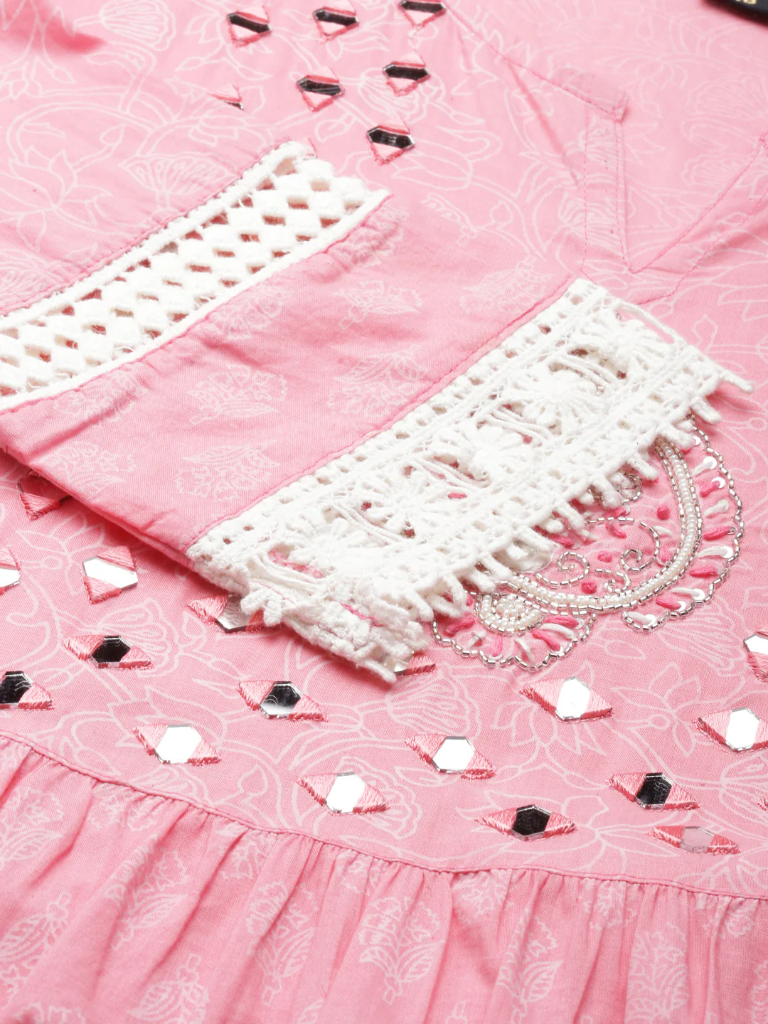 Neerus Pink Straight Printed Cotton Kurta - Image 4