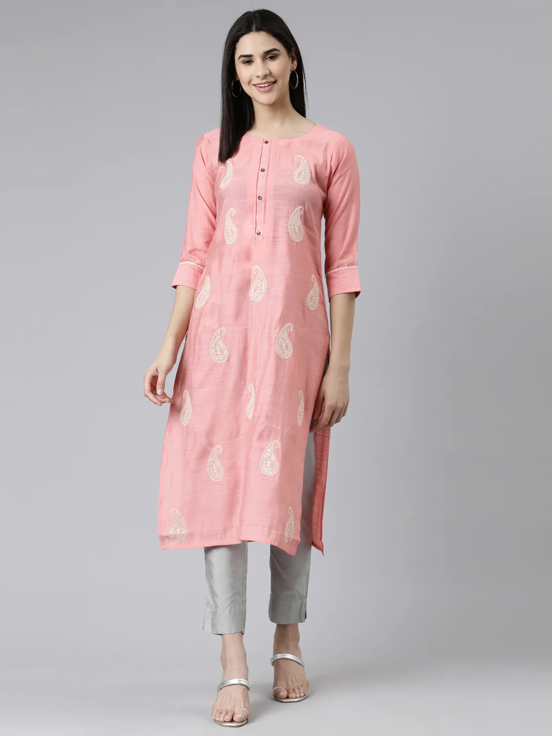 Neerus Pink Straight Printed Cotton Silk Kurta
