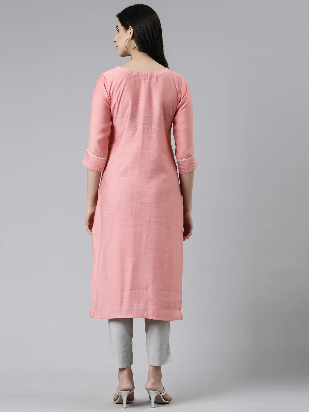 Neerus Pink Straight Printed Cotton Silk Kurta - Image 3
