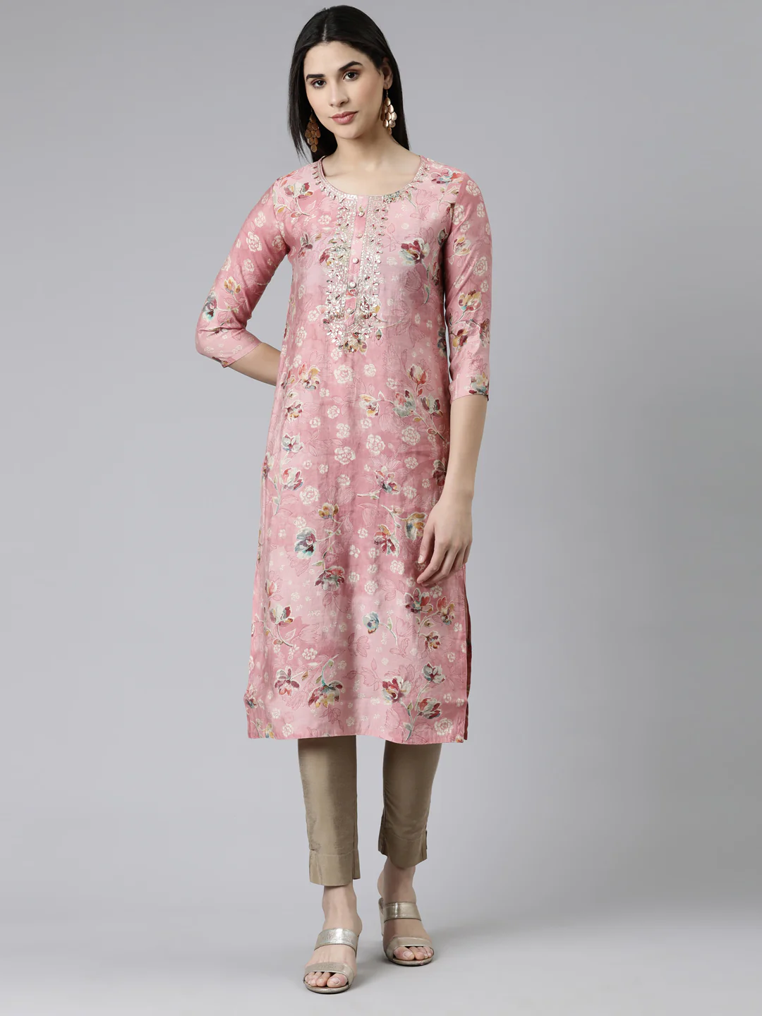 Neerus Pink Straight Printed Cotton Silk Kurta