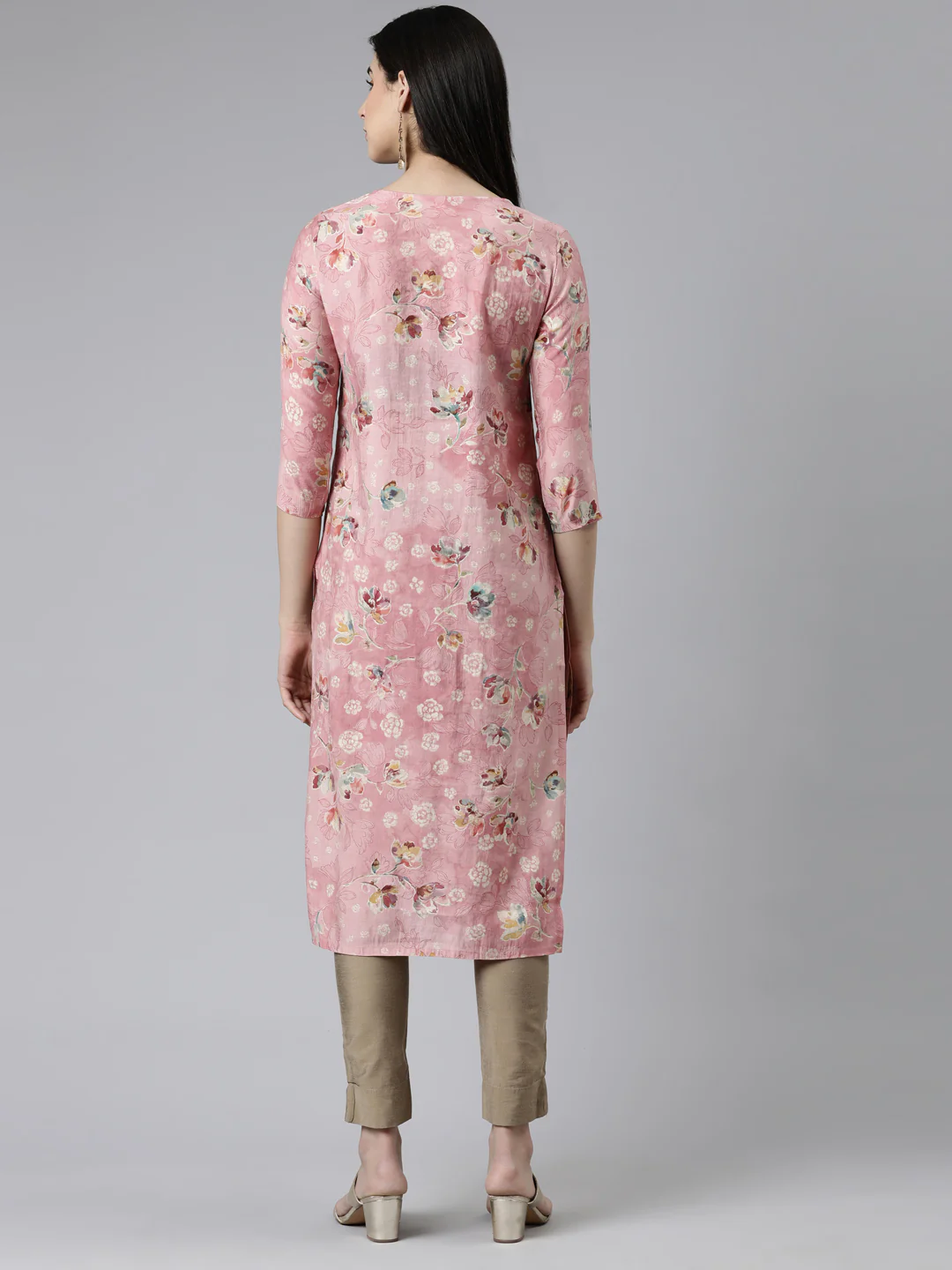Neerus Pink Straight Printed Cotton Silk Kurta - Image 3