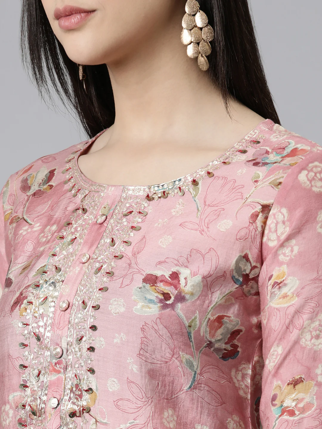 Neerus Pink Straight Printed Cotton Silk Kurta - Image 4
