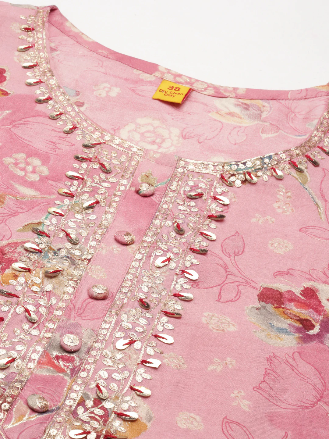 Neerus Pink Straight Printed Cotton Silk Kurta - Image 5