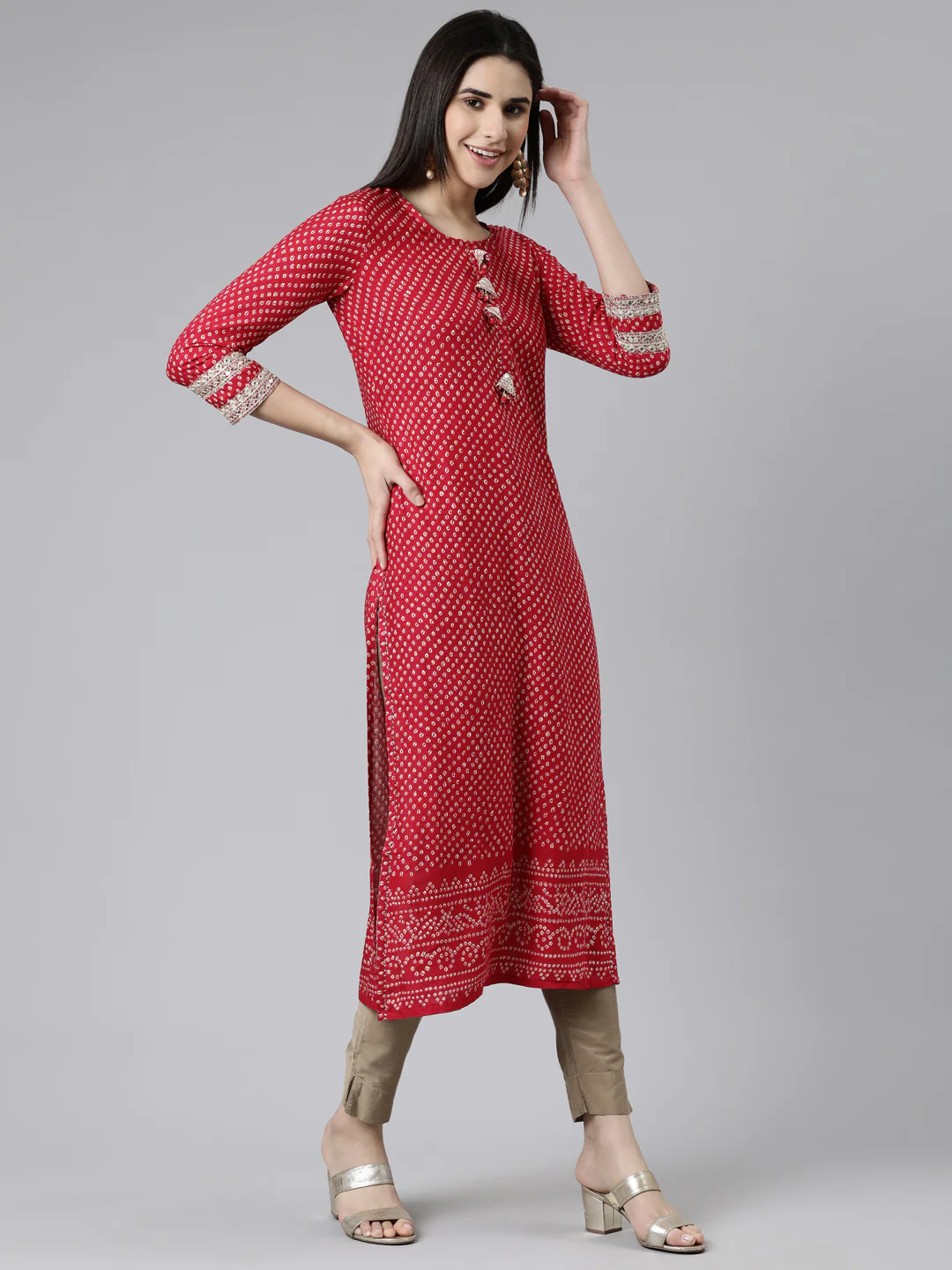 Neerus Pink Straight Printed Cotton Silk Kurta - Image 2