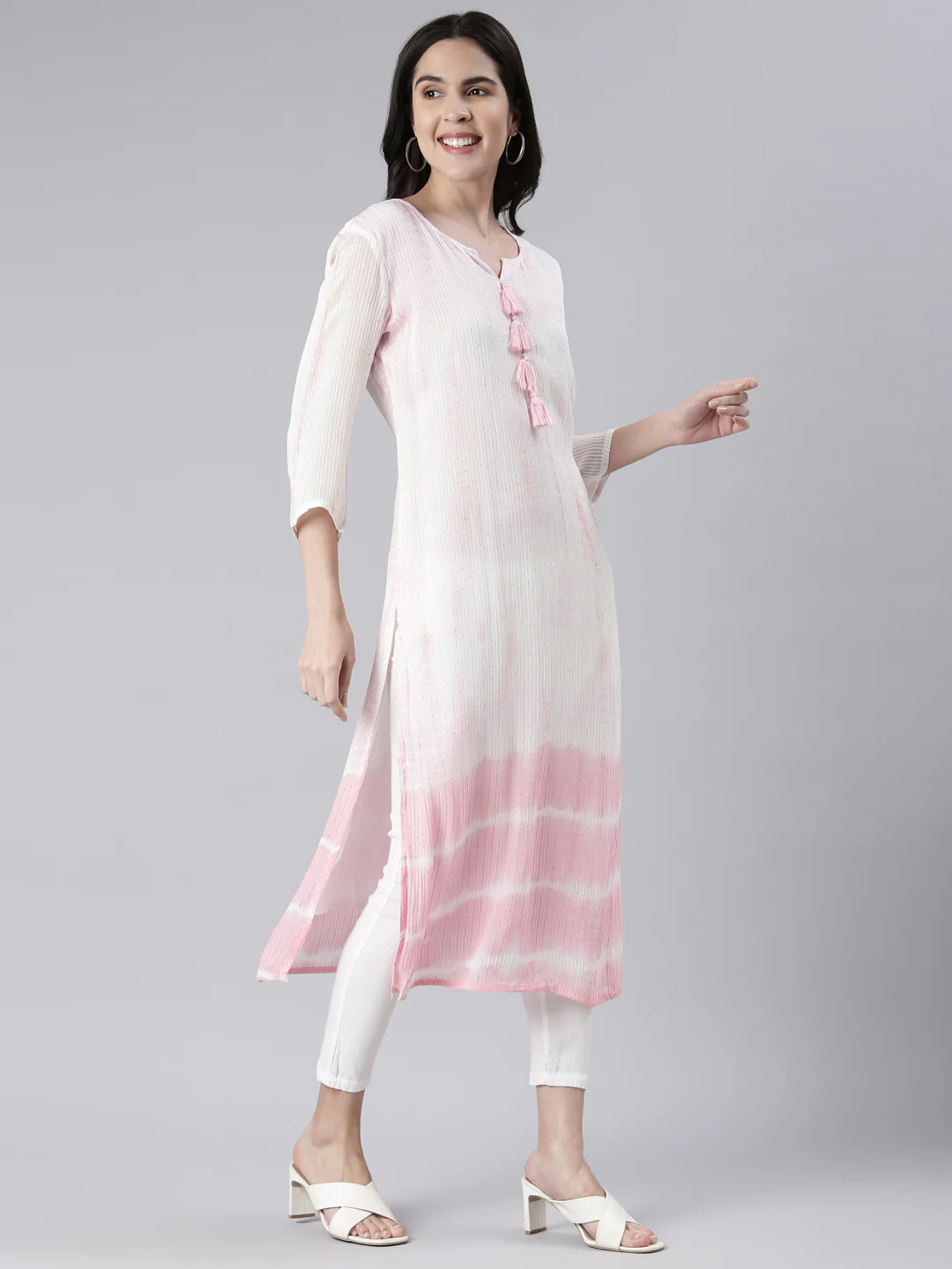 Neerus Pink Straight Solid Cotton Kurta - Image 2